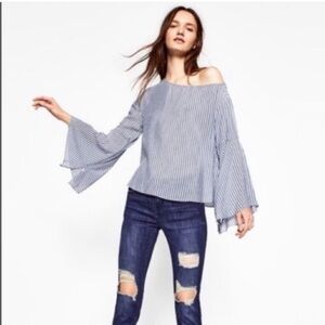 Zara trafaluc collection striped bell flared long sleeve top off shoulder zipper